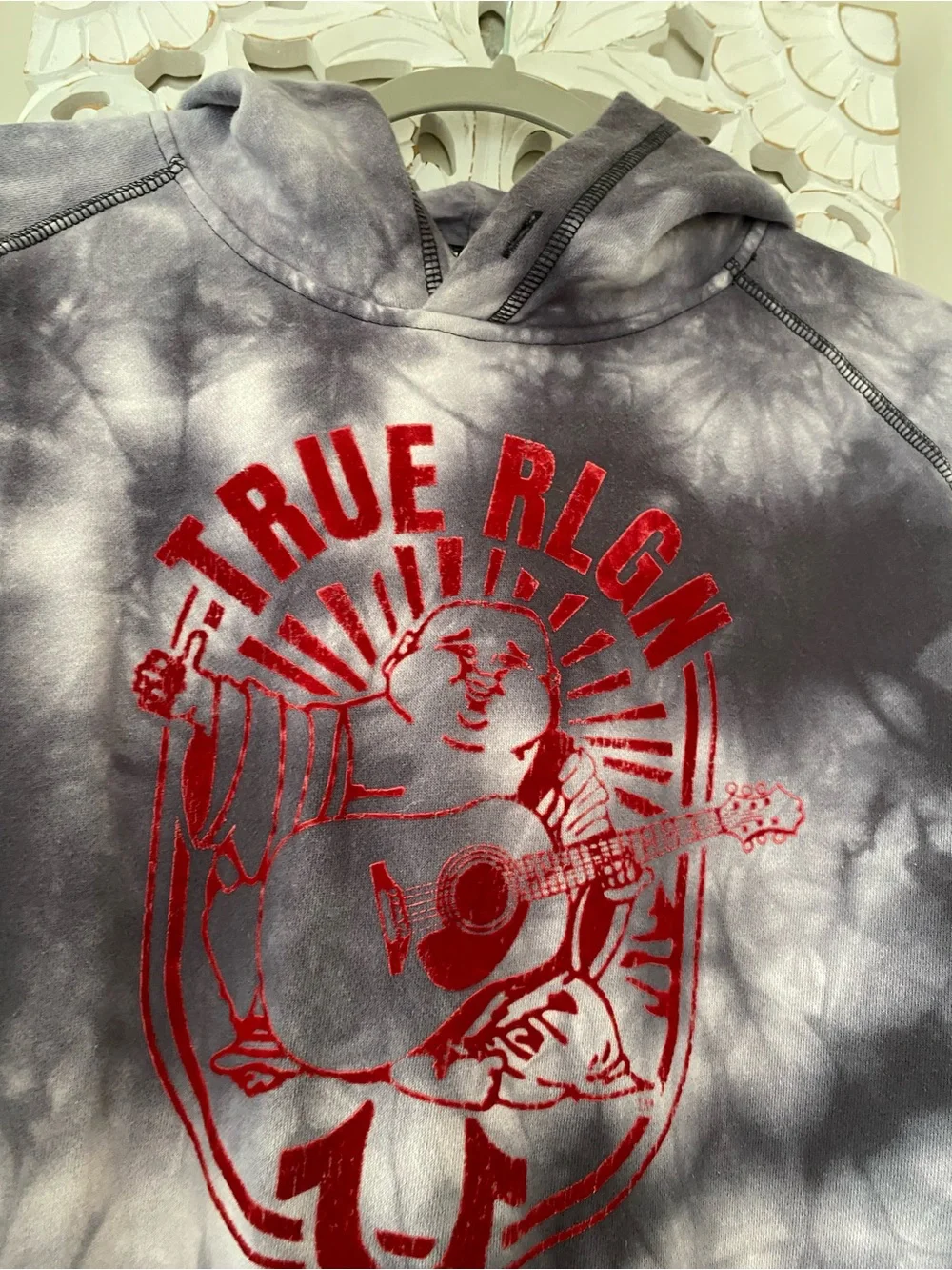 Men’s True Religion Tie Dye Graphic Hoodie Buddha Guitar Fleece Pullover Size L